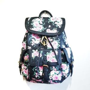 Black Faux leather backpack with floral print